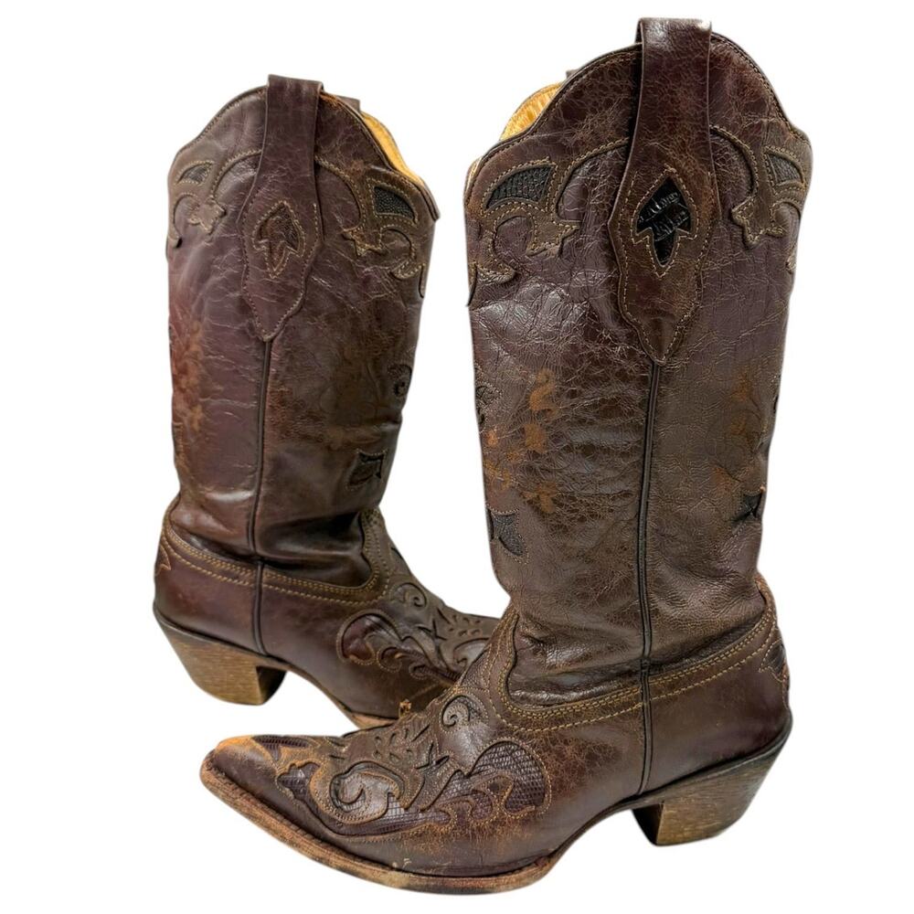 CORRAL VINTAGE WOMEN'S SIZE 7.5 BROWN DISTRESSED LIZARD INLAY COWBOY BOOTS C2109
